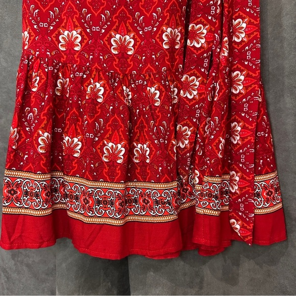 Boho Wrap Dress Red Floral V-Neck Flutter Sleeve Ruffle Hem Cottagecore S FLOWY - Picture 9 of 13